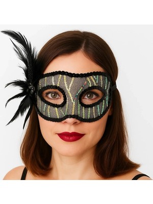 MegaSepet Mey Ithalat® Siyah Renk Yandan Tüylü Pul Payet Işlemeli Parti Maskesi 23X12 cm