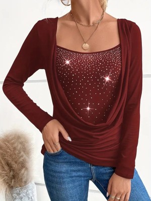 Infivento Kadın Uzun Kollu Derin Degaje Yakalı Taşlı Sandy Bluz