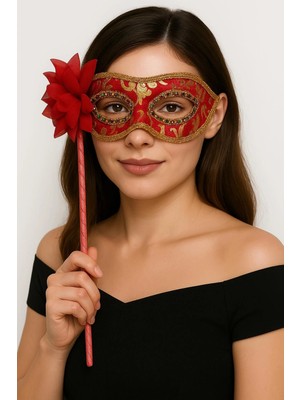 MegaSepet Mey Ithalat® Lüks Taşlı Saplı Maskeli Balo Maskesi Kırmızı Renk 35 cm