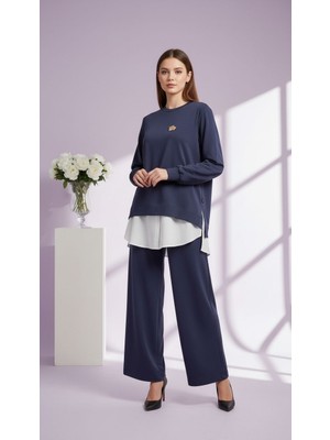 Nurcan Çetin 26471 Yanları Fermuar Detaylı Broşlu Tunik Pantolon Takım