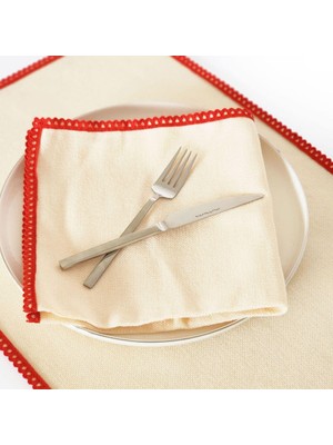 Alesta Home Kırmızı Biyeli Krem 6'lı Keten Peçete 45x45 cm PCT008