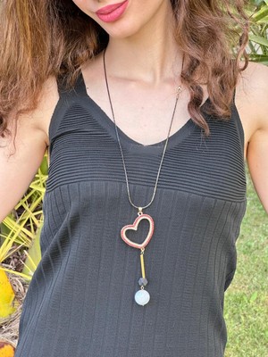 Gönülden Tasarım Boncuk Işleme Kalpli Kadın Kolye 35 cm