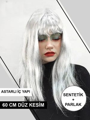 MegaSepet Mey Ithalat® Platin Gri Gümüş Renk Uzun Parti Peruğu Uzun Takma Peruk