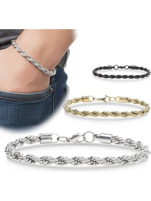 Fm 💎 Premium Rope Halat Çelik Zincir Bileklik 6mm 3183CZB2D8 - 20 cm - Siyah Renk