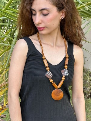 Gönülden Tasarım Bambu Ahşap Boncuklu Ekose Kadın Kolye 38 cm