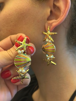 Gönülden Tasarım Renkli Deniz Kabuğu ve Deniz Yıldızı Kadın Küpe 6 cm