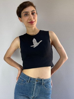 Gönülden Tasarım Taşlı Kuş Armalı Bady Crop