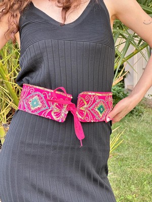 Gönülden Tasarım Pembe Osmanlı Desenleri Işleme Pul Payetli Kadın Bağlama Kemer 70X8 cm