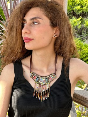 Gönülden Tasarım Etnik Taş Işleme Püsküllü Bağlama Kadın Kolye