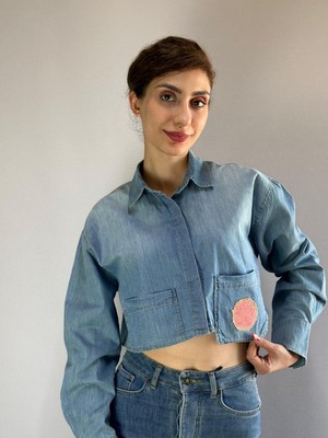 Gönülden Tasarım Kot Crop Cepli Kadın Gömlek S/m