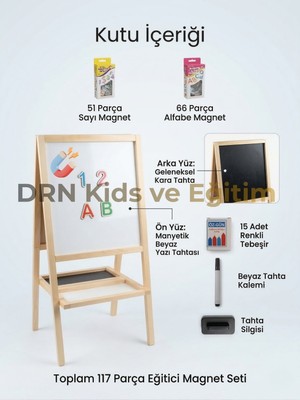 Drn Kids ve Eğitim Drn Kidsve Eğitim ,manyetik Çift Taraflı Yazı Tahtası 117 Parça Magnet,15 Renkli Tebeşir 1 Adet Silgi ve Kalem