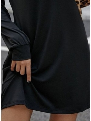 Runiquehome Kadın Uzun Kollu Omuzdan Açık Leopar Desenli Viskon Iki Iplik Mini Elbise