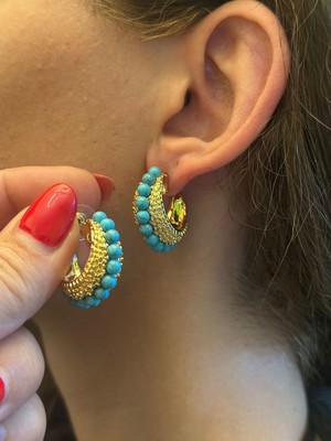 Gönülden Tasarım Çelik Firuze Taş Işleme Kadın Halka Küpe 2 cm