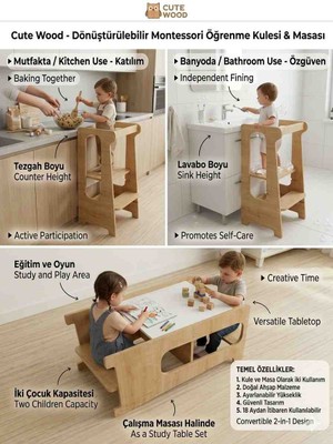 Cute Wood - Montessori Öğrenme Kulesi & Masası: Çocuklarınızın Hayal Gücünü ve Bağımsızlığını Geliştirin!