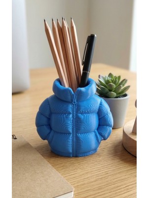 Blurix Şişme Mont Tasarımlı Kalemlik | Dekoratif Masaüstü Organizer - Mavi