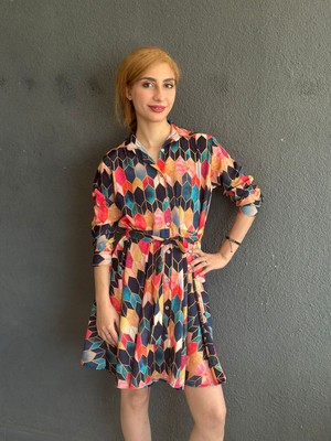 Gönülden Tasarım Etnik Desenli Kemerli Renkli Kadın Elbise