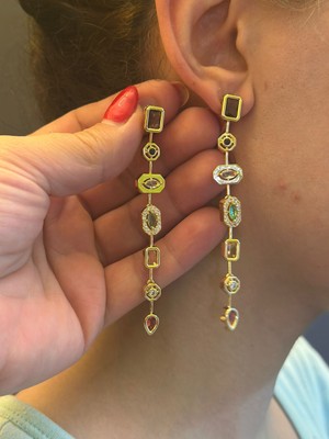 Gönülden Tasarım Renkli Taşlı Çelik Kadın Küpe 8 cm