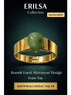 Erilsa Sertifikalı Yeşim Taşı Doğal Taş Yüzük Ayarlanabilir - Bakır Üzeri Altın Kaplama Şans Yüzüğü