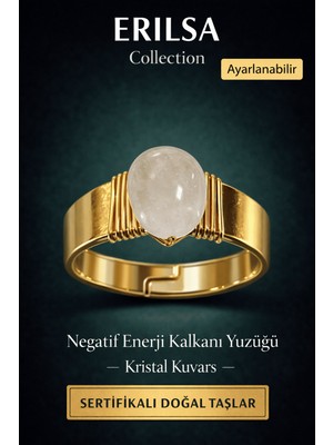 Erilsa Sertifikalı Mat Kristal Kuvars Doğal Taş Yüzük Ayarlamalı - Bakır Üzeri Altın Kaplama Enerji Yüzüğü