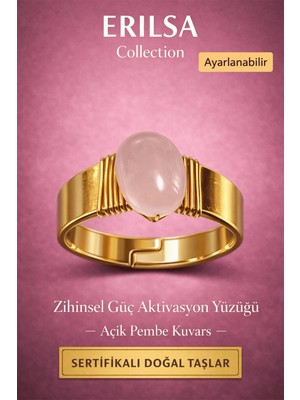 Erilsa Sertifikalı Açık Pembe Kuvars Doğal Taş Yüzük Ayarlanabilir - Bakır Üzeri Altın Kaplama Aşk Taşı
