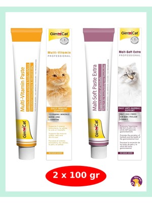 Gimcat Kedi Macunu Malt Soft Extra 100 g ve Multivitamin 100 gr Yetişkin Kediler İçin Tüy Yumağı Önleyici