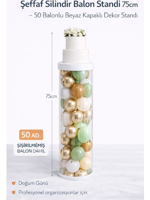 Bkmc Party Şeffaf Balon Standı 90 cm | 50 Balonlu Beyaz Kapaklı Pasta Standlı Dekor Kolonu