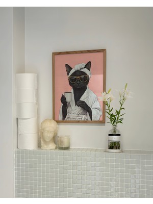 Des Vu Print Kahve Içen Kedi Posteri, Çerçevesiz Kedi Temalı Poster