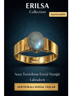 Erilsa Sertifikalı Labradorit Doğal Taş Yüzük Ayarlanabilir Bakır Üzeri Altın Kaplama Aura Temizleme