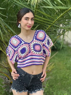 Gönülden Tasarım El Örgüsü Etnik Kadın Crop Bluz
