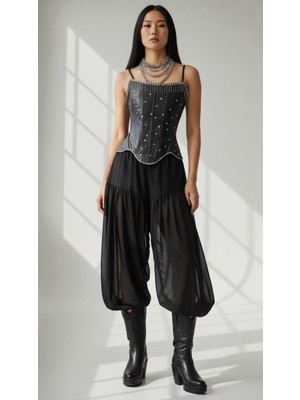 Özel Tasarım Suni Deri Metalik Taş ve Püskül Detaylı Büstiyer Korse