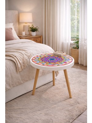 Boyut Modern Geometrik Desenli Yuvarlak Sehpa – 42X42 cm Beyaz Kenarlı Ahşap Ayaklı Orta Sehpa