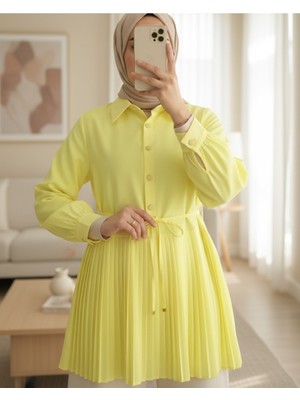 Modamorfo Yarım Düğmeli Beli Bağlamalı Piliseli Gömlek  -Açık Sarı