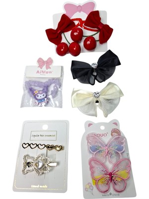 Spteks Kız Çocuk Güzel Sevimli Taşlı ve Incili Fiyonk Model Çeşitli Lastik ve Pens Toka 5 Li Set