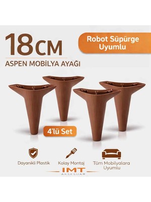 İmt Aksesuar Aspen Mobilya Ayağı 18 cm (4'lü Set) Ceviz Koltuk Baza Dolap Tv ünitesi Yatak Odası Konsol Ayağı