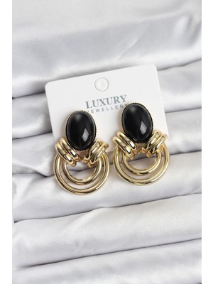 Ebijuteri Pirinç Gold Renk Siyah Taşlı Vintage Kadın Küpe