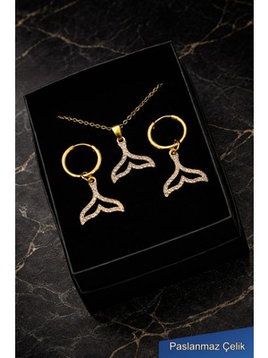 Trend Collection Kadın Zirkon Taşlı Deniz Kızı Kuyruğu Figürlü Çelik Kolye Küpe Takı Seti - Altın Renk