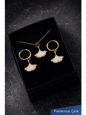Trend Collection Minimal Yaprak Kolye ve Küpe Seti – Gold Çelik Kadın Takı Seti