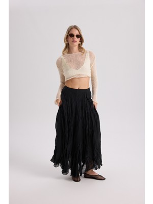 Mai Freesia Kırışık Siyah Uzun Etek