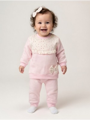 Babycan Çiçek Desenli Fiyonklu Kız Bebek Pembe 2’li Alt Üst Takım