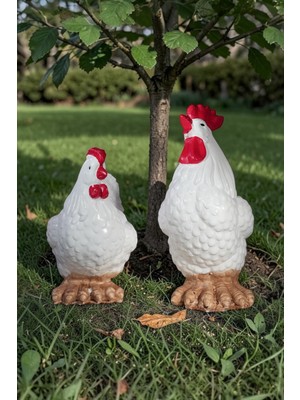 Libre Design Dekoratif Horoz ve Tavuk 2li Set Biblo Obje Ev Balkon Bahçe Dekorasyon Heykel