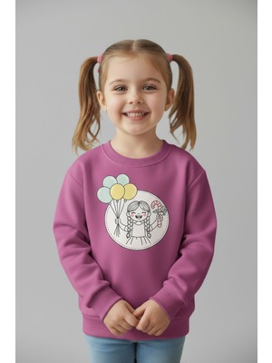 Evavi Kız Çocuk Şeker Bulut Baskılı Bisiklet Yaka Pembe Sweatshirt