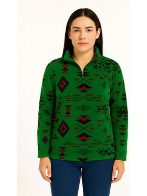 Hsc Bilişim Yarım Fermuarlı Desenli Polar Sweat Tribal Etnik Desen Yakalı, Uzun Kollu, Oversize Rahat Kalıp - Y