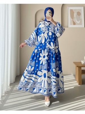 Modamorfo Yarım Düğmeli Parçalı Çiçekli Pamuklu Poliviskon Elbise-Mavi