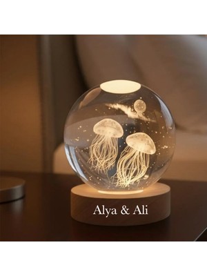 Keyfim Shop Büyük Boy Işıklı Ahşap Kaideli 3D Denizanası  Temalı Cam Küre 8cm