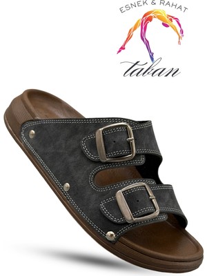 Sermoda Erkek Terlik - Çift Toka Ayarlanabilir Esnek Taban Deri Erkek Terlik T Füme