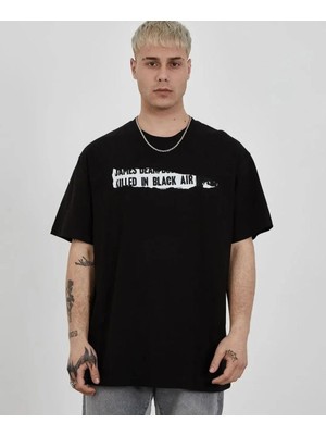 Hobilinka Erkek Bisiklet Yaka Baskılı Oversize T-Shirt - Siyah