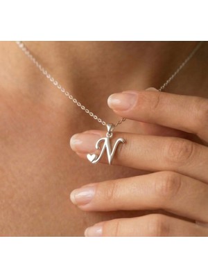 Ashak Accessories Kadın 925 Ayar Gümüş Zincirli N Harfi Kalpli Baş Harfli Kalp Harf Alfabe Isim Kolye