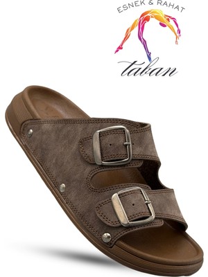 Sermoda Erkek Terlik - Çift Toka Ayarlanabilir Esnek Taban Deri Erkek Terlik T Kahve
