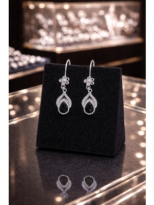 MSZ Silver 925 Ayar Gümüş Telkari Damla Küpe Taşlı (Safir / Zümrüt / Pembe / Turkuaz / Siyah) El Işçiliği Sallantılı Kadın Küpe