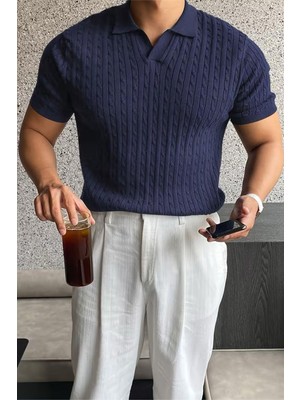 Oksit Italyan Stil V Yaka Saç Örgü Detaylı Slim Fit Triko Erkek Polo Tshirt